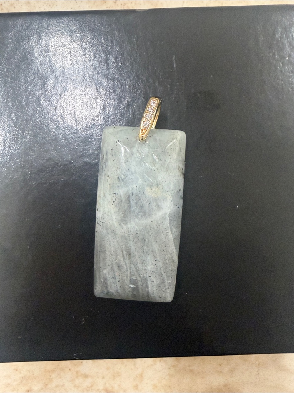 Gold Bail Gray Stone Rectangle Pendant Necklace